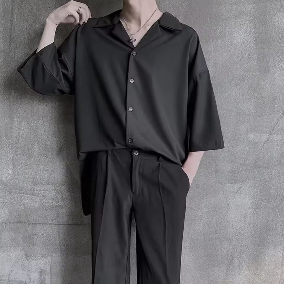 2025 Summer New Men's Solid Color Short Sleeve Shirt Korean Fashion Trend Street Loose Casual Simple Breathable Men's Tops